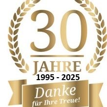 Goldenes Jubiläumslogo mit "30 Jahre" und "Danke für Ihre Treue!"